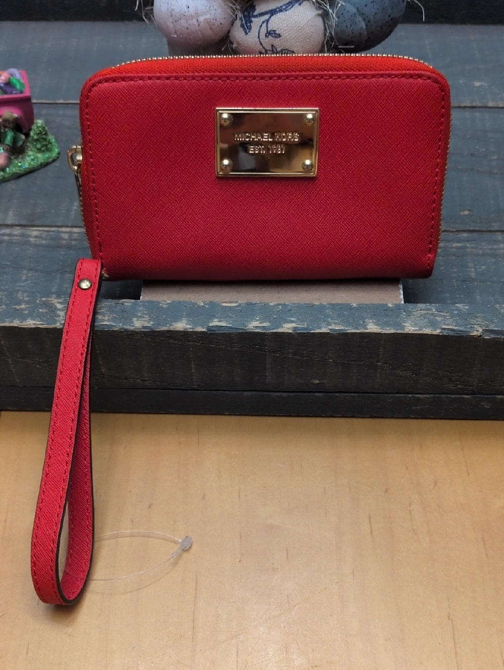 Michael Kors Red Saffiano Leather Wristlet with Gold Plaque